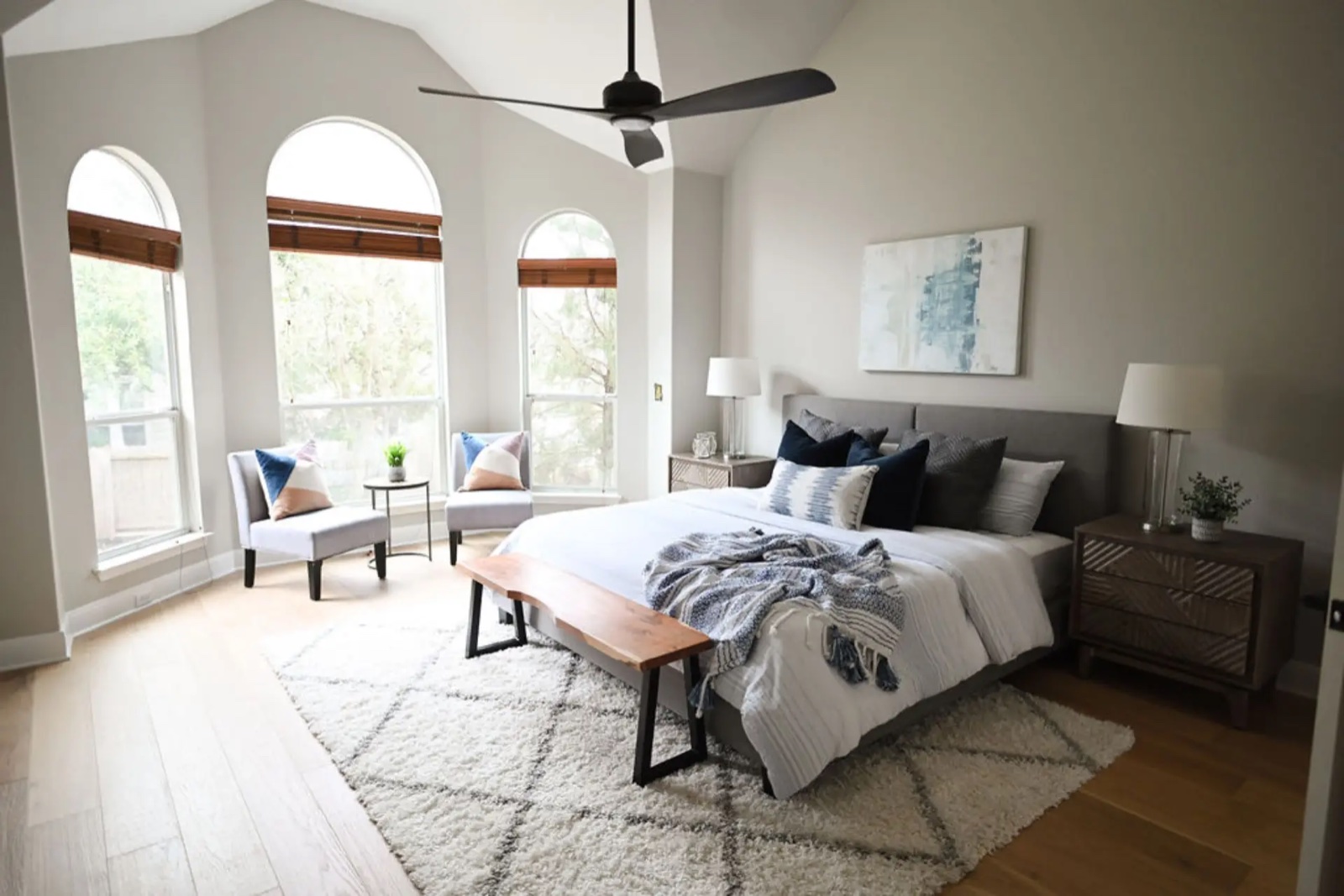 Freshly turned-over high-end Austin bedroom made guest-ready by Bailey & Bear