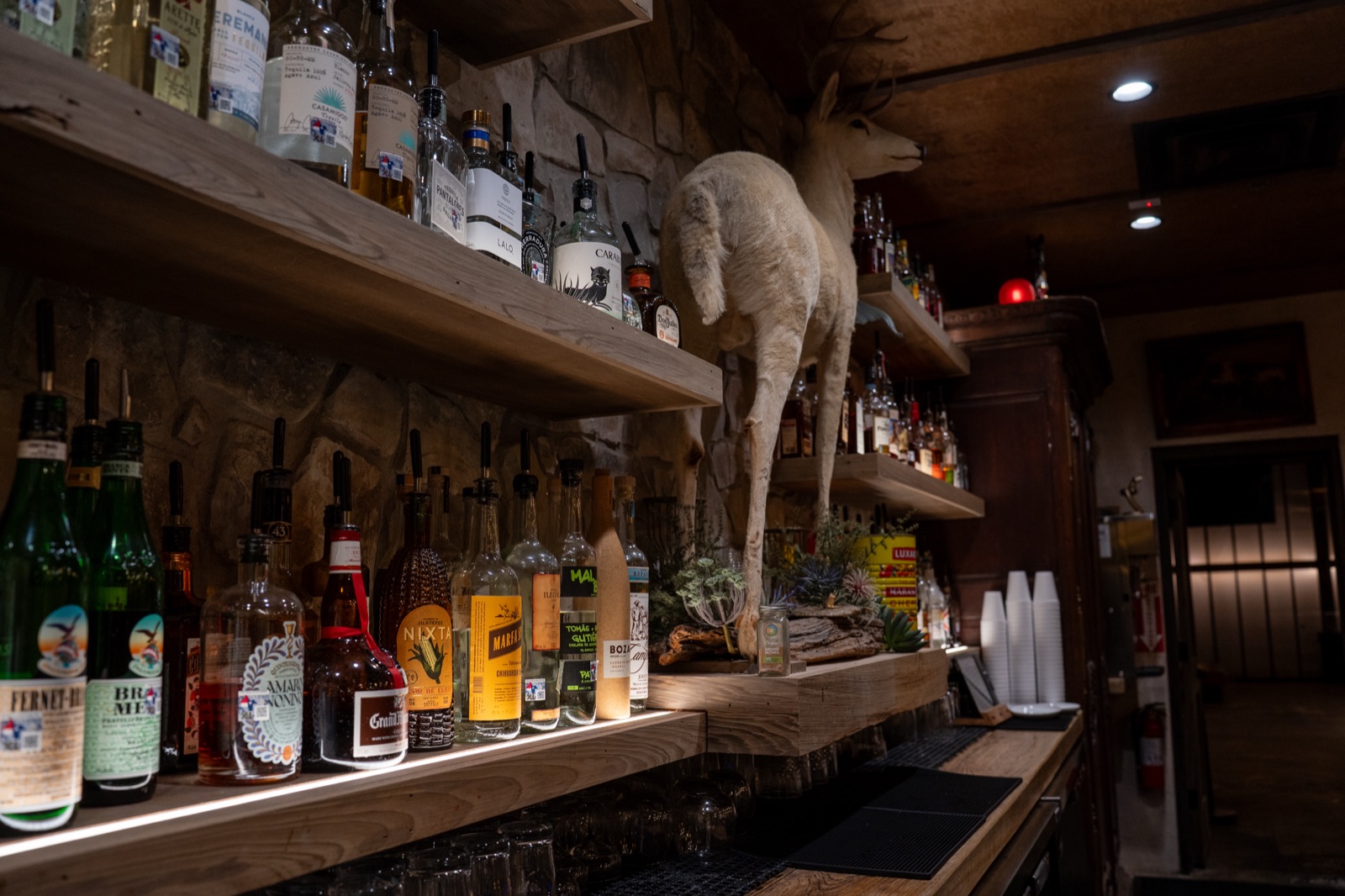 Detailed back bar of an Austin commercial hospitality space kept clean by Bailey & Bear