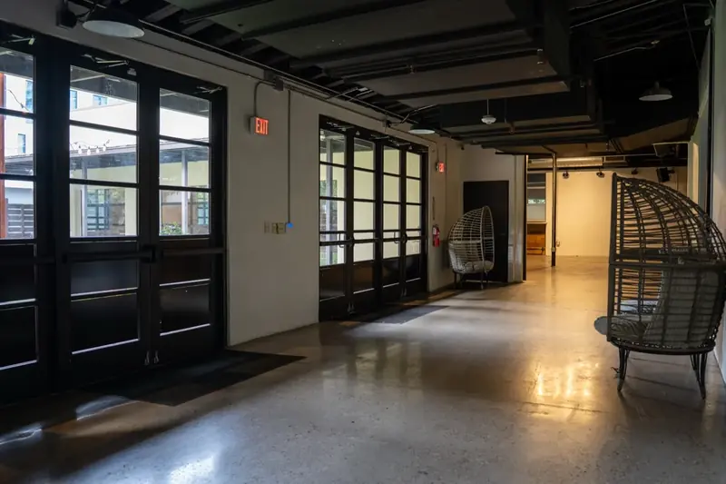Austin venue lobby with polished glass doors after cleaning
